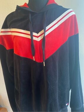 Tommy Hilfiger Sport Velour Chevron Pullover Hoodie Black Red White XL